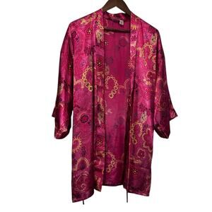 Y2K Fredericks Women Pink Robe M Satin Kimono Paisley Floral Loungewear Romantic